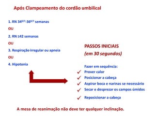 Após Clampeamento do cordão umbilical
1. RN 340/7-360/7 semanas
OU
2. RN ≥42 semanas
PASSOS INICIAIS
(em 30 segundos)
Fazer em sequência:
Prover calor
Posicionar a cabeça
Aspirar boca e narinas se necessário
Secar e desprezar os campos úmidos




 Reposicionar a cabeça
A mesa de reanimação não deve ter qualquer inclinação.
OU
3. Respiração irregular ou apneia
OU
4. Hipotonia
 