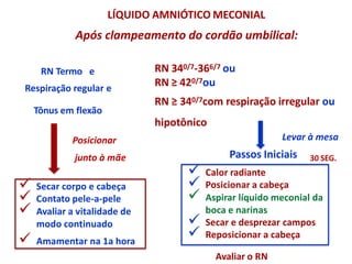 LÍQUIDO AMNIÓTICO MECONIAL
Após clampeamento do cordão umbilical:
RN Termo e
Respiração regular e
Tônus em flexão
Posicionar
junto à mãe
 Secar corpo e cabeça
 Contato pele-a-pele
 Avaliar a vitalidade de
modo continuado
 Amamentar na 1a hora
RN 340/7-366/7 ou
RN ≥ 420/7ou
RN ≥ 340/7com respiração irregular ou
hipotônico
Levar à mesa
 Calor radiante
 Posicionar a cabeça
 Aspirar líquido meconial da
boca e narinas
 Secar e desprezar campos
 Reposicionar a cabeça
30 SEG.
Passos Iniciais
Avaliar o RN
 
