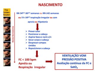 NASCIMENTO
RN 340/7-360/7 semanas ou RN ≥42 semanas
ou RN>340/7 respiração irregular ou com
apneia ou Hipotonia
 Prover calor
 Posicionar a cabeça
 Aspirar boca e nariz s/n
 Secar corpo e cabeça
 Desprezar campos
úmidos
 Reposicionar a cabeça
FC < 100 bpm
Apnéia ou
Respiração irregular
VENTILAÇÃO VOM
PRESSÃO POSITIVA
Avaliação contínua da FC e
SatO2
Manter
Normotermia
 