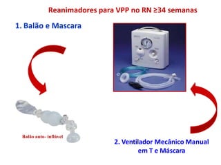 1. Balão e Mascara
2. Ventilador Mecânico Manual
em T e Máscara
Balão auto- inflável
Reanimadores para VPP no RN ≥34 semanas
 