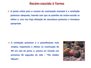  O ponto crítico para o sucesso da reanimação neonatal é a ventilação
pulmonar adequada, fazendo com que os pulmões do recém-nascido se
inflem e, com isso haja dilatação da vasculatura pulmonar e hematose
apropriada
 A ventilação pulmonar é o procedimento mais
simples, importante e efetivo na reanimação do
RN em sala de parto, e, precisa ser iniciada nos
primeiros 60 segundos de vida : “The Golden
Minute”.
Recém-nascido à Termo
 