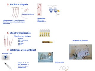 5. Intubar a traqueia
Laringoscópio:
Lâmina reta
Número 1 ou 0
Cânulas traqueais 2,5, 3,0, 3,5 e 4,0 mm
O ideal para fixar a cânula é a bandagem
adesiva em H
Aspiradorde mecônio
6. Ministrar medicações
Adrenalina, Soro fisiológico
Seringas
2 de 1 ml(insulina)
2 de 5ml
1 de 10ml
2 20 ml
7. Cateterizar a veia umbilical
Torneira de 3 vias
Cateter umbilical
Seringa de 5 ml
para preencher o
cateter e empurrar
as medicações
Incubadorade Transporte
 