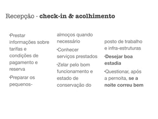 l
Prestar
informações sobre
tarifas e
condições de
pagamento e
reserva

l
Preparar os
pequenos-
almoços quando
necessário

l
Conhecer
serviços prestados

l
Zelar pelo bom
funcionamento e
estado de
conservação do
posto de trabalho
e infra-estruturas

l
Desejar boa
estadia
l
Questionar, após
a pernoita, se a
noite correu bem
Recepção - check-in & acolhimento
 