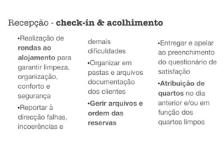 •Realização de
rondas ao
alojamento para
garantir limpeza,
organização,
conforto e
segurança

•Reportar à
direcção falhas,
incoerências e
demais
diﬁculdades

•Organizar em
pastas e arquivos
documentação
dos clientes

•Gerir arquivos e
ordem das
reservas
•Entregar e apelar
ao preenchimento
do questionário de
satisfação

•Atribuição de
quartos no dia
anterior e/ou em
função dos
quartos limpos
Recepção - check-in & acolhimento
 