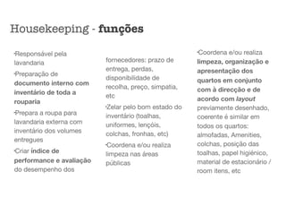 l
Responsável pela
lavandaria

l
Preparação de
documento interno com
inventário de toda a
rouparia

l
Prepara a roupa para
lavandaria externa com
inventário dos volumes
entregues

l
Criar índice de
performance e avaliação
do desempenho dos
fornecedores: prazo de
entrega, perdas,
disponibilidade de
recolha, preço, simpatia,
etc

l
Zelar pelo bom estado do
inventário (toalhas,
uniformes, lençóis,
colchas, fronhas, etc)

l
Coordena e/ou realiza
limpeza nas áreas
públicas

l
Coordena e/ou realiza
limpeza, organização e
apresentação dos
quartos em conjunto
com à direcção e de
acordo com layout
previamente desenhado,
coerente é similar em
todos os quartos:
almofadas, Amenities,
colchas, posição das
toalhas, papel higiénico,
material de estacionário /
room itens, etc
Housekeeping - funções
 