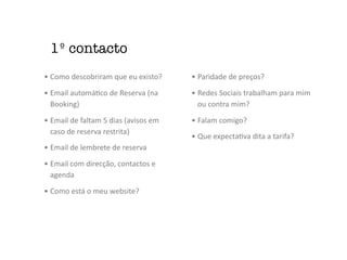 • Como	descobriram	que	eu	existo?	
• Email	automá'co	de	Reserva	(na	
Booking)	
• Email	de	faltam	5	dias	(avisos	em	
caso	de	reserva	restrita)	
• Email	de	lembrete	de	reserva	
• Email	com	direcção,	contactos	e	
agenda	
• Como	está	o	meu	website?	
• Paridade	de	preços?	
• Redes	Sociais	trabalham	para	mim	
ou	contra	mim?	
• Falam	comigo?	
• Que	expecta'va	dita	a	tarifa?
1º contacto
 