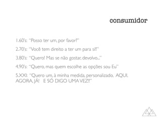 consumidor
1.60’s: “Posso ter um, por favor?”
2.70’s: “Você tem direito a ter um para si!!”
3.80’s: “Quero! Mas se não gostar, devolvo...”
4.90’s: “Quero, mas quem escolhe as opções sou Eu”
5.XXI: “Quero um, à minha medida, personalizado, AQUI,
AGORA, JÁ! E SÓ DIGO UMAVEZ!!”
 