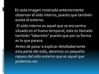     En esta imagen mostrada anteriormente observan el oído interno, puesto que también existe el externo.      El oído interno es aquel que se encuentra situado en el hueso temporal, este es llamado también “laberinto” puesto que por su forma es lo que parece.     Antes de pasar a explicar detalladamente esta parte del oído, daremos un pequeño repaso del oído externo que es aquel que podemos ver.