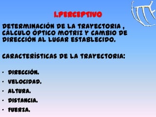 1.PERCEPTIVO
Determinación de la trayectoria ,
cálculo óptico motriz y cambio de
dirección al lugar establecido.
Características de la trayectoria:
„ Dirección.
„ Velocidad.
„ Altura.
„ Distancia.
„ Fuerza.
 