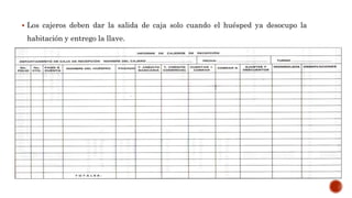  Los cajeros deben dar la salida de caja solo cuando el huésped ya desocupo la
habitación y entrego la llave.
 