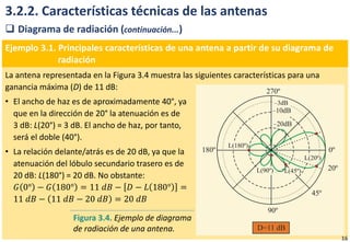 3.2.2. Características técnicas de las antenas
 Diagrama de radiación (continuación...)
Ejemplo 3.1. Principales características de una antena a partir de su diagrama de
radiación
La antena representada en la Figura 3.4 muestra las siguientes características para una
ganancia máxima (D) de 11 dB:
• El ancho de haz es de aproximadamente 40°, ya
que en la dirección de 20° la atenuación es de
3 dB: L(20°) = 3 dB. El ancho de haz, por tanto,
será el doble (40°).
• La relación delante/atrás es de 20 dB, ya que la
atenuación del lóbulo secundario trasero es de
20 dB: L(180°) = 20 dB. No obstante:
𝐺 0° − 𝐺 180° = 11 𝑑𝐵 − 𝐷 − 𝐿 180° =
11 𝑑𝐵 − 11 𝑑𝐵 − 20 𝑑𝐵 = 20 𝑑𝐵
Figura 3.4. Ejemplo de diagrama
de radiación de una antena.
16
 