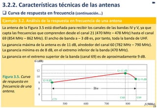 3.2.2. Características técnicas de las antenas
 Curva de respuesta en frecuencia (continuación...)
Ejemplo 3.2. Análisis de la respuesta en frecuencia de una antena
La antena de la Figura 3.5 está diseñada para recibir los canales de las bandas IV y V, ya que
capta las frecuencias que comprenden desde el canal 21 (470 MHz – 478 MHz) hasta el canal
69 (854 MHz – 862 MHz). El ancho de banda a – 3 dB es, por tanto, toda la banda de UHF.
La ganancia máxima de la antena es de 11 dB, alrededor del canal 60 (782 MHz – 790 MHz).
La ganancia mínima es de 8 dB, en el extremo inferior de la banda (470 MHz).
La ganancia en el extremo superior de la banda (canal 69) es de aproximadamente 9 dB.
Figura 3.5. Curva
de respuesta en
frecuencia de una
antena.
19
 