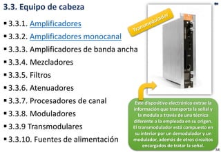 3.3. Equipo de cabeza
3.3.1. Amplificadores
3.3.2. Amplificadores monocanal
3.3.3. Amplificadores de banda ancha
3.3.4. Mezcladores
3.3.5. Filtros
3.3.6. Atenuadores
3.3.7. Procesadores de canal
3.3.8. Moduladores
3.3.9 Transmodulares
3.3.10. Fuentes de alimentación
44
Este dispositivo electrónico extrae la
información que transporta la señal y
la modula a través de una técnica
diferente a la empleada en su origen.
El transmodulador está compuesto en
su interior por un demodulador y un
modulador, además de otros circuitos
encargados de tratar la señal.
 