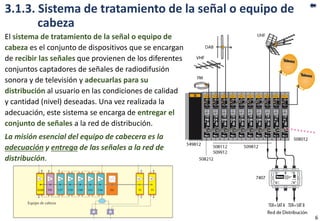 3.1.3. Sistema de tratamiento de la señal o equipo de
cabeza
El sistema de tratamiento de la señal o equipo de
cabeza es el conjunto de dispositivos que se encargan
de recibir las señales que provienen de los diferentes
conjuntos captadores de señales de radiodifusión
sonora y de televisión y adecuarlas para su
distribución al usuario en las condiciones de calidad
y cantidad (nivel) deseadas. Una vez realizada la
adecuación, este sistema se encarga de entregar el
conjunto de señales a la red de distribución.
La misión esencial del equipo de cabecera es la
adecuación y entrega de las señales a la red de
distribución.
6
 