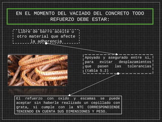 EN EL MOMENTO DEL VACIADO DEL CONCRETO TODO
REFUERZO DEBE ESTAR:
Apoyado y asegurado entre si,
para evitar desplazamientos
que pasen las tolerancias
(tabla 5.2)
El refuerzo con oxido y escamas se puede
aceptar sin haberle realizado un cepillado con
grata, si cumple con la NTC CORRESPONDIENDE
TENIENDO EN CUENTA SUS DIMENSIONES Y PESO.
Libre de barro aceite u
otro material que afecte
la adherencia
 