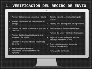  Nombre de la empresa productora y planta.
 Número consecutivo del comprobante de
entrega.
 Nombre del cliente, nombre de la obra y su
dirección.
 Número de identificación tributaria de la
empresa y del cliente.
 Volumen de mezcla, indicado en el recibo
de envío.
 Tipo y código de la mezcla.
 Resistencia especificada Mpa, p.s.i
Kg/cm^2.
 Tamaño máximo nominal del agregado
grueso.
 Fecha y hora de cargue de los ingredientes.
 Asentamiento o fluidez especificados.
 Numero del Mixer y nombre del conductor.
 Registrar la hora de llegada, inicio de
descarga y salida de la obra.
 Precio definido por tipo de mezcla.
Sistema de colocación.
 Firma y sello del Cliente.
1. VERIFICACIÓN DEL RECIBO DE ENVÍO
 
