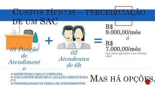 01 Posição
de
Atendiment
o
02
Atendentes
de 6h
+ =
R$
9.000,00/mês
à
R$
7.000,00/mês
(em uma operação com volume
alto)
 ESTRUTURA CARA E COMPLEXA.
 NÃO ATENDE MAIS DE 01 LIGAÇÃO SIMULTÂNEA
(!!!!)
 POSSIBILIDADE DE PERDA DE ATENDIMENTOS .
 