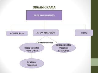 ORGANIGRAMA 
AREA ALOJAMIENTO 
JEFE/A RECEPCIÓN 
Limpiadoras 
Lavandería 
CONSERJERIA 
PISOS 
Recepcionistas 
Front-Office 
Recepcionistas/reservas 
Back-Office 
Ayudante 
Recepción 
Subdepartamentos  