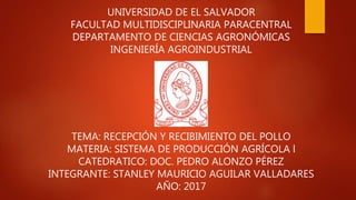 UNIVERSIDAD DE EL SALVADOR
FACULTAD MULTIDISCIPLINARIA PARACENTRAL
DEPARTAMENTO DE CIENCIAS AGRONÓMICAS
INGENIERÍA AGROINDUSTRIAL
TEMA: RECEPCIÓN Y RECIBIMIENTO DEL POLLO
MATERIA: SISTEMA DE PRODUCCIÓN AGRÍCOLA l
CATEDRATICO: DOC. PEDRO ALONZO PÉREZ
INTEGRANTE: STANLEY MAURICIO AGUILAR VALLADARES
AÑO: 2017
 