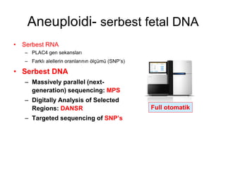 Aneuploidi- serbest fetal DNA
• Serbest RNA
– PLAC4 gen sekansları
– Farklı alellerin oranlarının ölçümü (SNP’s)
• Serbest DNA
– Massively parallel (next-
generation) sequencing: MPS
– Digitally Analysis of Selected
Regions: DANSR
– Targeted sequencing of SNP’s
Full otomatik
 