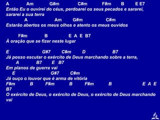 A
Am
G#m
C#m
F#m
B
E E7
Então Eu o ouvirei do céus, perdoarei os seus pecados e sararei,
sararei a sua terra
A
Am
G#m
C#m
Estarão abertos os meus olhos e atento os meus ouvidos
F#m
B
E A E B7
À oração que se fizer neste lugar
E
G#7
C#m
D
B7
Já posso escutar o exército de Deus marchando sobre a terra,
A
B7
E B7
Em planos de guerra vai
E
G#7
C#m
Já ouço o louvor que é arma de vitória
F#m
B
F#m
B
F#m
B
E A E
B7
O exército de Deus, o exército de Deus, o exército de Deus marchando
vai

 