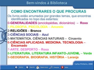 COMO ENCONTRARES O QUE PROCURAS Os livros estão arrumados por grandes temas, que encontras identificados no topo das estantes: 0- GENERALIDADES  (enciclopédias, dicionários)  –  Roxo 1- FILOSOFIA. PSICOLOGIA  –  Amarelo 2- RELIGIÕES  –  Branco 3- CIÊNCIAS SOCIAIS  –  Azul 5- MATEMÁTICA. CIÊNCIAS NATURAIS  –  Cinzento 6- CIÊNCIAS APLICADAS. MEDICINA. TECNOLOGIA  –  Encarnado 7- ARTE. DESPORTO  –  Rosa 8- LITERATURA. LITERATURA INFANTO-JUVENIL  –  Verde 9- GEOGRAFIA. BIOGRAFIA. HISTÓRIA  –  Laranja 