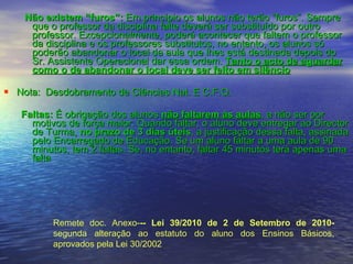 Não existem “furos”:  Em princípio os alunos não terão “furos”. Sempre que o professor da disciplina falte deverá ser substituído por outro professor. Excepcionalmente, poderá acontecer que faltem o professor da disciplina e os professores substitutos, no entanto, os alunos só poderão abandonar o local da aula que lhes está destinada depois do Sr. Assistente Operacional dar essa ordem.  Tanto o acto de aguardar como o de abandonar o local deve ser feito em silêncio Nota:  Desdobramento de Ciências Nat. E C.F.Q. Faltas:  É obrigação dos alunos  não faltarem às aulas , a não ser por motivos de força maior. Quando faltar, o aluno deve entregar ao Director de Turma,  no prazo de 3 dias úteis , a justificação dessa falta, assinada pelo Encarregado de Educação. Se um aluno faltar a uma aula de 90 minutos, tem 2 faltas. Se, no entanto, faltar 45 minutos terá apenas uma falta Remete doc. Anexo- -- Lei 39/2010 de 2 de Setembro de 2010-  segunda alteração ao estatuto do aluno dos Ensinos Básicos, aprovados pela Lei 30/2002 