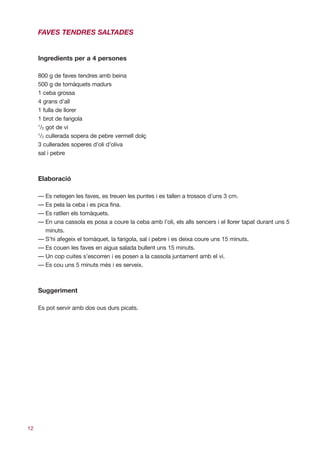 FAVES TENDRES SALTADES


     Ingredients per a 4 persones

     800 g de faves tendres amb beina
     500 g de tomàquets madurs
     1 ceba grossa
     4 grans d’all
     1 fulla de llorer
     1 brot de farigola
     1
      /2 got de vi
     1
      /2 cullerada sopera de pebre vermell dolç
     3 cullerades soperes d’oli d’oliva
     sal i pebre



     Elaboració

     — Es netegen les faves, es treuen les puntes i es tallen a trossos d’uns 3 cm.
     — Es pela la ceba i es pica fina.
     — Es ratllen els tomàquets.
     — En una cassola es posa a coure la ceba amb l’oli, els alls sencers i el llorer tapat durant uns 5
       minuts.
     — S’hi afegeix el tomàquet, la farigola, sal i pebre i es deixa coure uns 15 minuts.
     — Es couen les faves en aigua salada bullent uns 15 minuts.
     — Un cop cuites s’escorren i es posen a la cassola juntament amb el vi.
     — Es cou uns 5 minuts més i es serveix.



     Suggeriment

     Es pot servir amb dos ous durs picats.




12
 