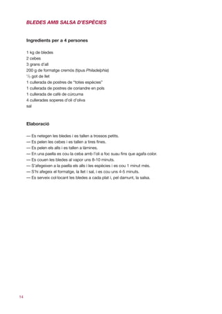 BLEDES AMB SALSA D’ESPÈCIES


     Ingredients per a 4 persones

     1 kg de bledes
     2 cebes
     3 grans d’all
     200 g de formatge cremós (tipus Philadelphia)
     1
      /2 got de llet
     1 cullerada de postres de “totes espècies”
     1 cullerada de postres de coriandre en pols
     1 cullerada de cafè de cúrcuma
     4 cullerades soperes d’oli d’oliva
     sal



     Elaboració

     — Es netegen les bledes i es tallen a trossos petits.
     — Es pelen les cebes i es tallen a tires fines.
     — Es pelen els alls i es tallen a làmines.
     — En una paella es cou la ceba amb l’oli a foc suau fins que agafa color.
     — Es couen les bledes al vapor uns 8-10 minuts.
     — S’afegeixen a la paella els alls i les espècies i es cou 1 minut més.
     — S’hi afegeix el formatge, la llet i sal, i es cou uns 4-5 minuts.
     — Es serveix col·locant les bledes a cada plat i, pel damunt, la salsa.




14
 