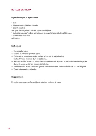 ROTLLES DE TRUITA



     Ingredients per a 4 persones

     4 ous
     4 fulles grosses d’enciam trobador
     1 pebrot escalivat
     200 g de formatge fresc cremós (tipus Philadelphia)
     1 cullerada sopera d’herbes aromàtiques (orenga, farigola, cibulet, alfàbrega...)
     2 cullerades d’oli d’oliva
     sal i pebre



     Elaboració

     — Es neteja l’enciam.
     — Es talla el pebrot a quadrats petits.
     — Es barreja el formatge amb les herbes, el pebrot, la sal i el pebre.
     — Es fan 4 truites rodones d’un ou cada una.
     — A sobre de cada truita, s’hi posa una fulla d’enciam i es reparteix la preparació del formatge pel
       damunt, sense arribar als costats de la truita.
     — S’enrotlla cada truita, i amb una ganivet ben esmolat se’n tallen rodanxes de 2-3 cm de gruix.
     — Es van disposant a cada plat.



     Suggeriment

     Es poden acompanyar d’amanida de patata o verdures al vapor.




36
 