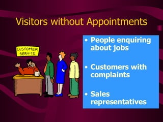 Visitors without Appointments People enquiring about jobs Customers with complaints Sales representatives 