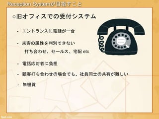 Reception Systemが目指すこと
- エントランスに電話が一台
- 来客の属性を判別できない
○旧オフィスでの受付システム
打ち合わせ、セールス、宅配 etc
- 電話応対者に負担
- 無機質
- 顧客打ち合わせの場合でも、社員同士の共有が難しい
 