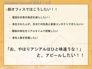 Reception Systemが目指すこと②
○新オフィスではこうしたい！！
- 電話応対者の負担を減らしたい！
- 顧客の来社をリアルタイムで把握したい
- 来社された人が、目当ての社員と直接コンタクトできたらいい
- 来社人数を把握したい
「お、やはりアシアルはひと味違うな！」
と、アピールしたい！！
 