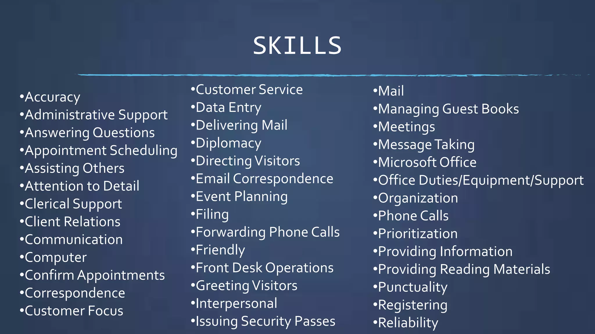 SKILLS
•Customer Service
•Data Entry
•Delivering Mail
•Diplomacy
•DirectingVisitors
•Email Correspondence
•Event Planning
•Filing
•Forwarding Phone Calls
•Friendly
•Front Desk Operations
•GreetingVisitors
•Interpersonal
•Issuing Security Passes
•Accuracy
•Administrative Support
•Answering Questions
•Appointment Scheduling
•Assisting Others
•Attention to Detail
•Clerical Support
•Client Relations
•Communication
•Computer
•ConfirmAppointments
•Correspondence
•Customer Focus
•Mail
•Managing Guest Books
•Meetings
•MessageTaking
•Microsoft Office
•Office Duties/Equipment/Support
•Organization
•Phone Calls
•Prioritization
•Providing Information
•Providing Reading Materials
•Punctuality
•Registering
•Reliability
 