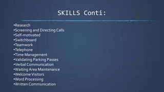 SKILLS Conti:
•Research
•Screening and Directing Calls
•Self-motivated
•Switchboard
•Teamwork
•Telephone
•Time Management
•Validating Parking Passes
•Verbal Communication
•Waiting Area Maintenance
•WelcomeVisitors
•Word Processing
•Written Communication
 
