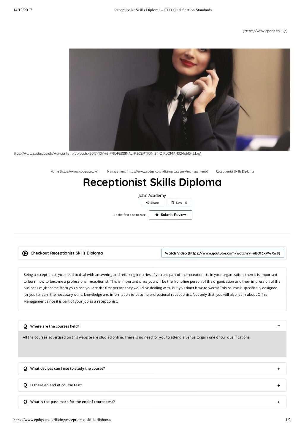 Receptionist skills diploma cpd qualification standards