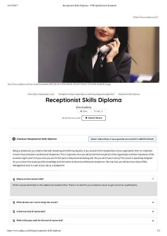 Receptionist skills diploma cpd qualification standards