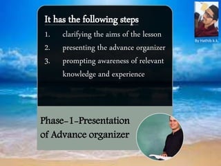 Phase-1-Presentation
of Advance organizer
It has the following steps
1. clarifying the aims of the lesson
2. presenting the advance organizer
3. prompting awareness of relevant
knowledge and experience
By Hathib k.k.
 