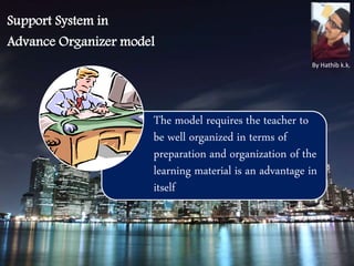 The model requires the teacher to
be well organized in terms of
preparation and organization of the
learning material is an advantage in
itself
Support System in
Advance Organizer model
By Hathib k.k.
 
