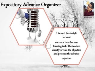 Expository Advance Organizer
It is used for straight
forward
entrance into the new
learning task. The teacher
directly reveals the objective
and presents the advance
organizer
By Hathib k.k.
 