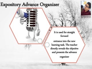 Expository Advance Organizer
It is used for straight
forward
entrance into the new
learning task. The teacher
directly rev...