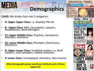 Demographics
CLASS- We divide class into 5 categories:
• A: Upper Upper Class: i.e. Royalty/ PM etc
• B: Upper Class: MPs,...