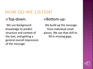 Top-down:
We use background
knowledge to predict
structure and context of
the text, and getting a
general overall impression
of the message.
Bottom-up:
We build up the message
from individual small
pieces. We use that skill to
fill in missing gaps.
 