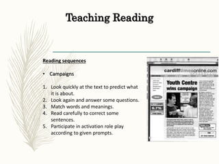 Teaching Reading
Reading sequences
• Campaigns
1. Look quickly at the text to predict what
it is about.
2. Look again and answer some questions.
3. Match words and meanings.
4. Read carefully to correct some
sentences.
5. Participate in activation role play
according to given prompts.
 