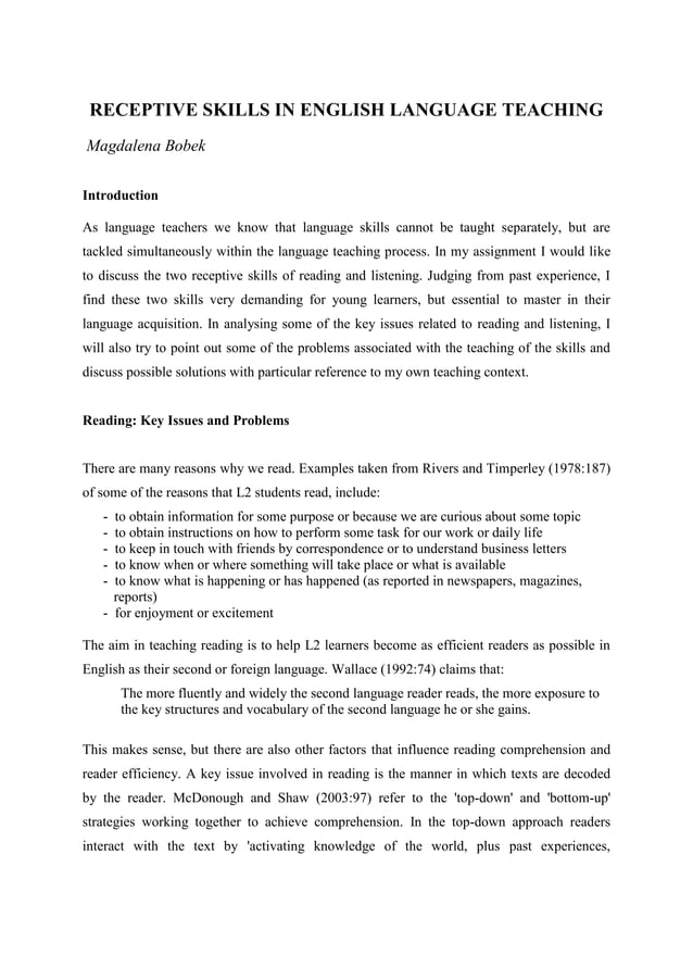 Receptive Skills In English Language Teaching Pdf