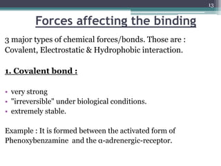 Forces affecting the binding
3 major types of chemical forces/bonds. Those are :
Covalent, Electrostatic & Hydrophobic interaction.
1. Covalent bond :
• very strong
• "irreversible" under biological conditions.
• extremely stable.
Example : It is formed between the activated form of
Phenoxybenzamine and the α-adrenergic-receptor.
13
 