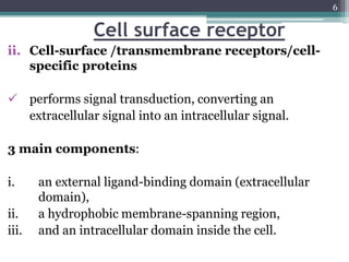 Cell surface receptor
ii. Cell-surface /transmembrane receptors/cell-
specific proteins
 performs signal transduction, converting an
extracellular signal into an intracellular signal.
3 main components:
i. an external ligand-binding domain (extracellular
domain),
ii. a hydrophobic membrane-spanning region,
iii. and an intracellular domain inside the cell.
6
 