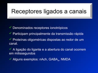 Receptores ligados a canais
 Denominados receptores ionotrópicos
 Participam principalmente da transmissão rápida
 Proteínas oligoméricas dispostas ao redor de um
canal.
 A ligação do ligante e a abertura do canal ocorrem
em milissegundos
 Alguns exemplos: nAch, GABAA, NMDA
 