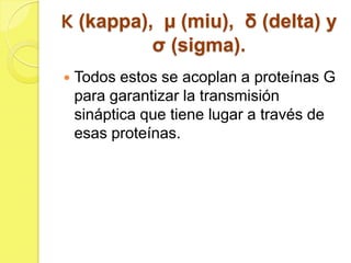 Κ (kappa), µ (miu), δ (delta) y
          σ (sigma).
   Todos estos se acoplan a proteínas G
    para garantizar la transmisión
    sináptica que tiene lugar a través de
    esas proteínas.
 