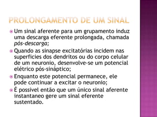 Prolongamento de um sinalUm sinal aferente para um grupamento induz uma descarga eferente prolongada, chamada pós-descarga;Quando as sinapse excitatórias incidem nas superficies dos dendritos ou do corpo celular de um neuronio, desenvolve-se um potencial elétrico pós-sináptico; Enquanto este potencial permanece, ele pode continuar a excitar o neuronio;É possivel então que um único sinal aferente instantaneo gere um sinal eferente sustentado.